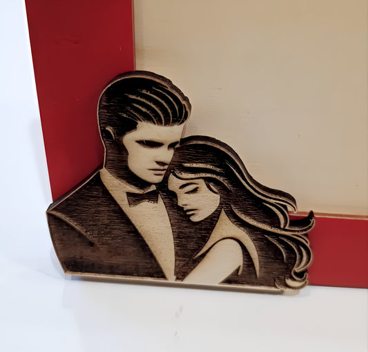 Laser engraved wood couple in formal attire on red and cream picture frame