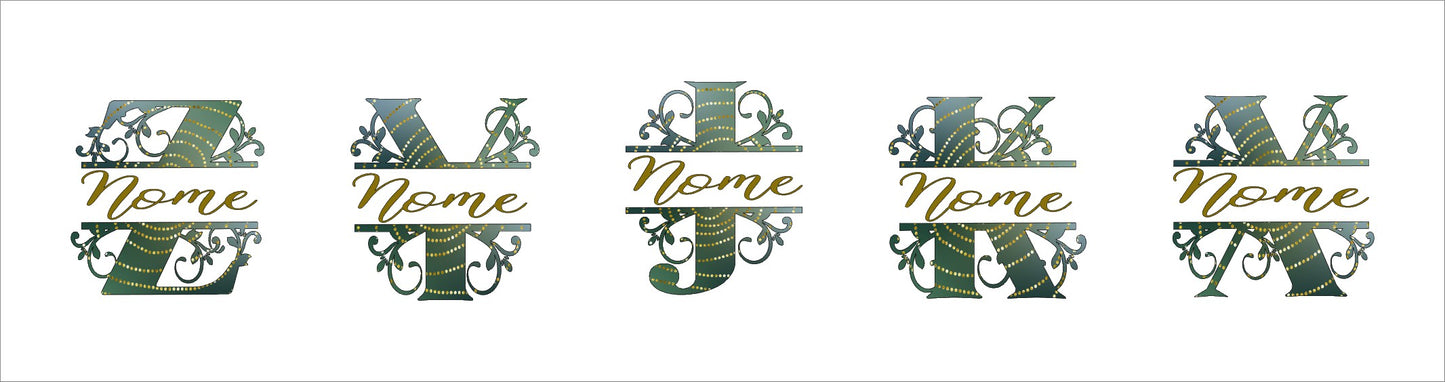 Decorative floral letters Z, Y, J, K, X with the word 'Nome' in gold script on white background
