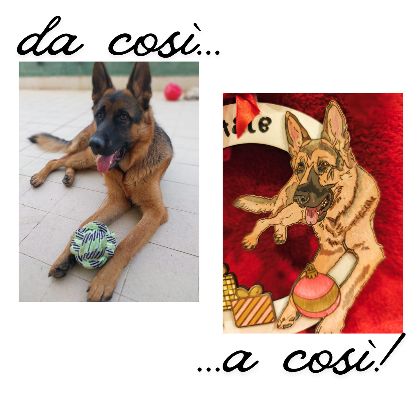 German Shepherd with toy ball and custom illustrated dog ornament comparison