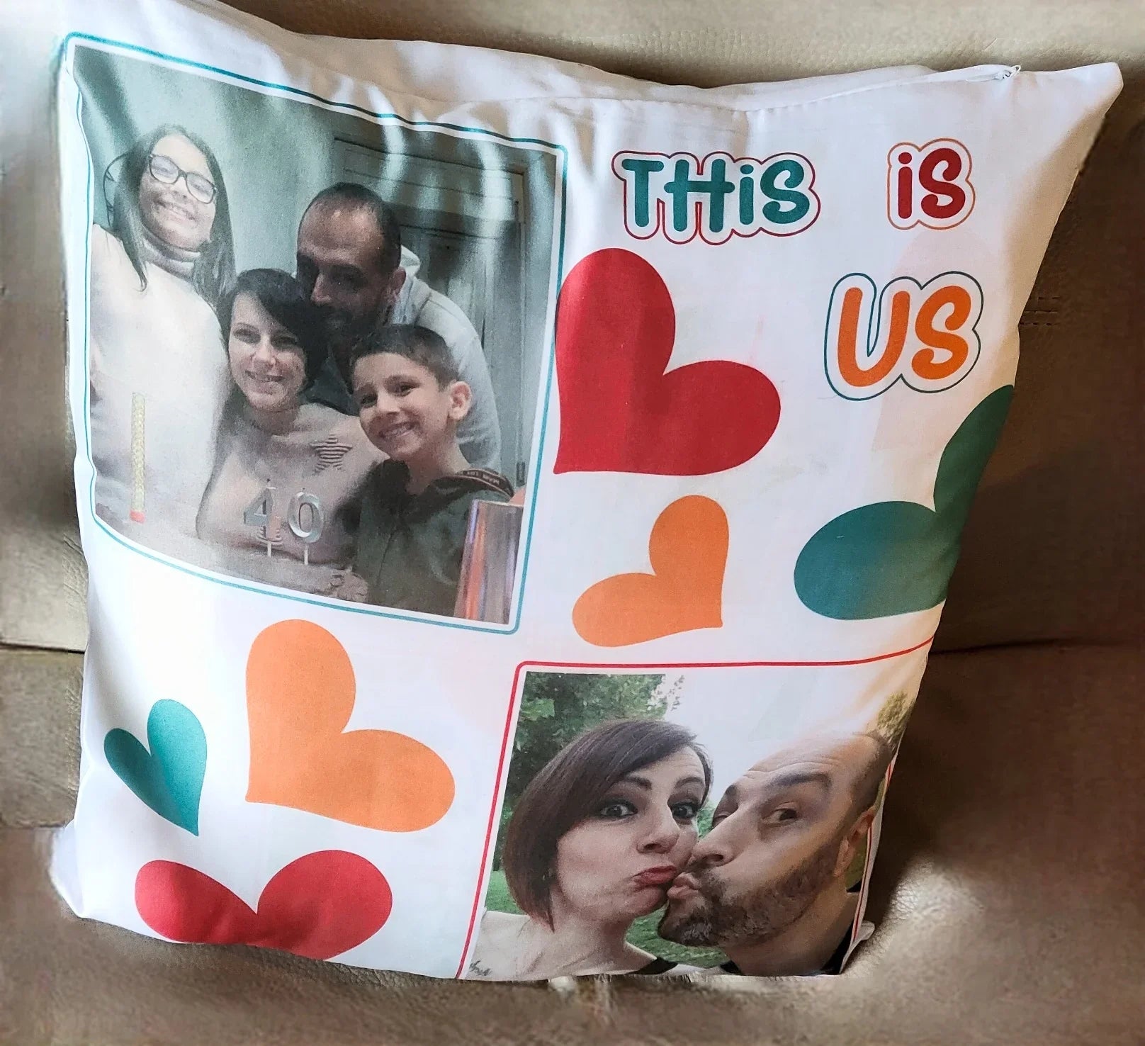 Personalized photo pillow featuring family pictures, colorful hearts, and 'This is us' text