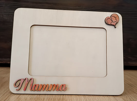 Wooden photo frame with 'Mamma' text and mother-child heart design on top corner