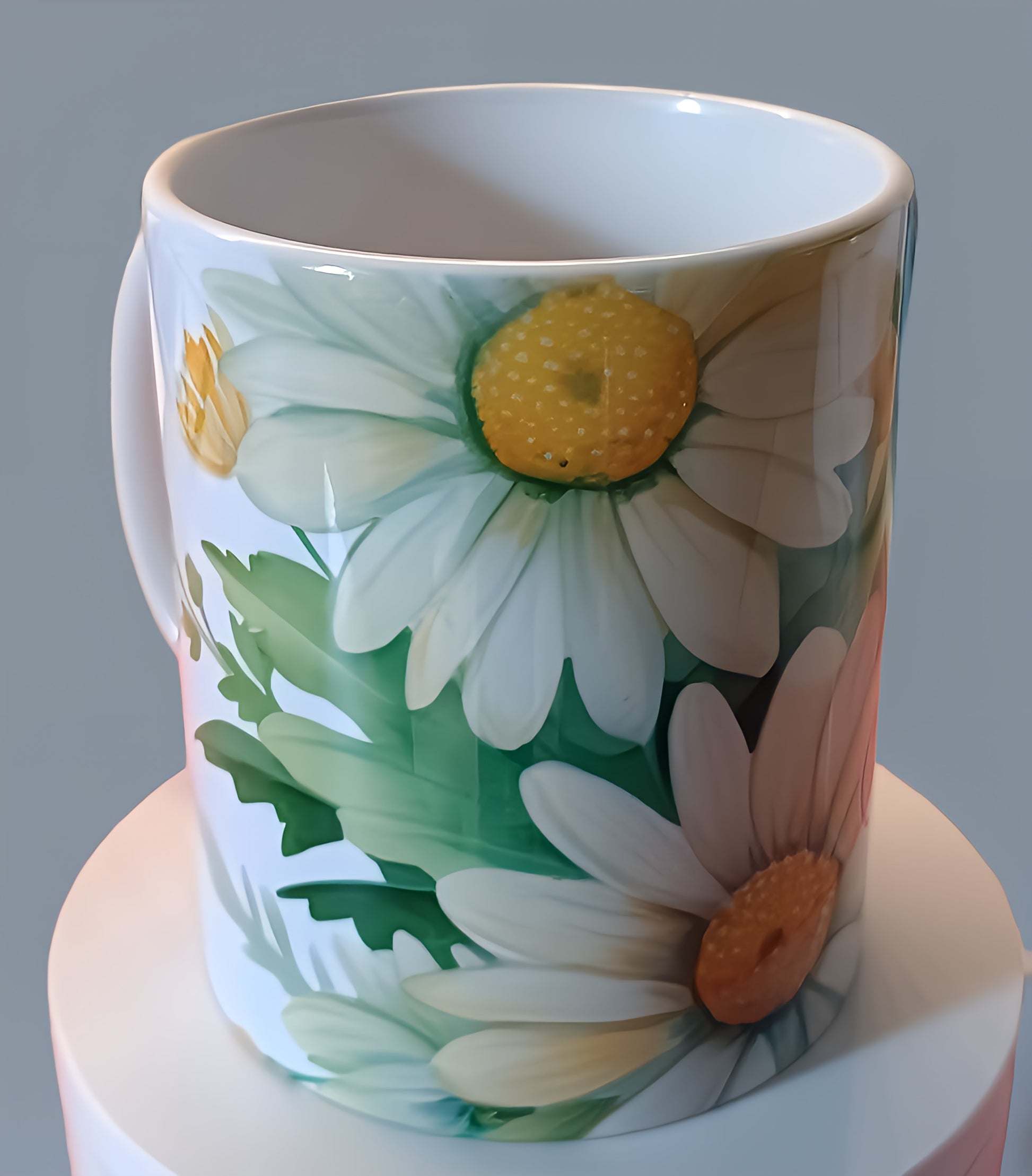 White ceramic mug with daisy flower print on a round white stand