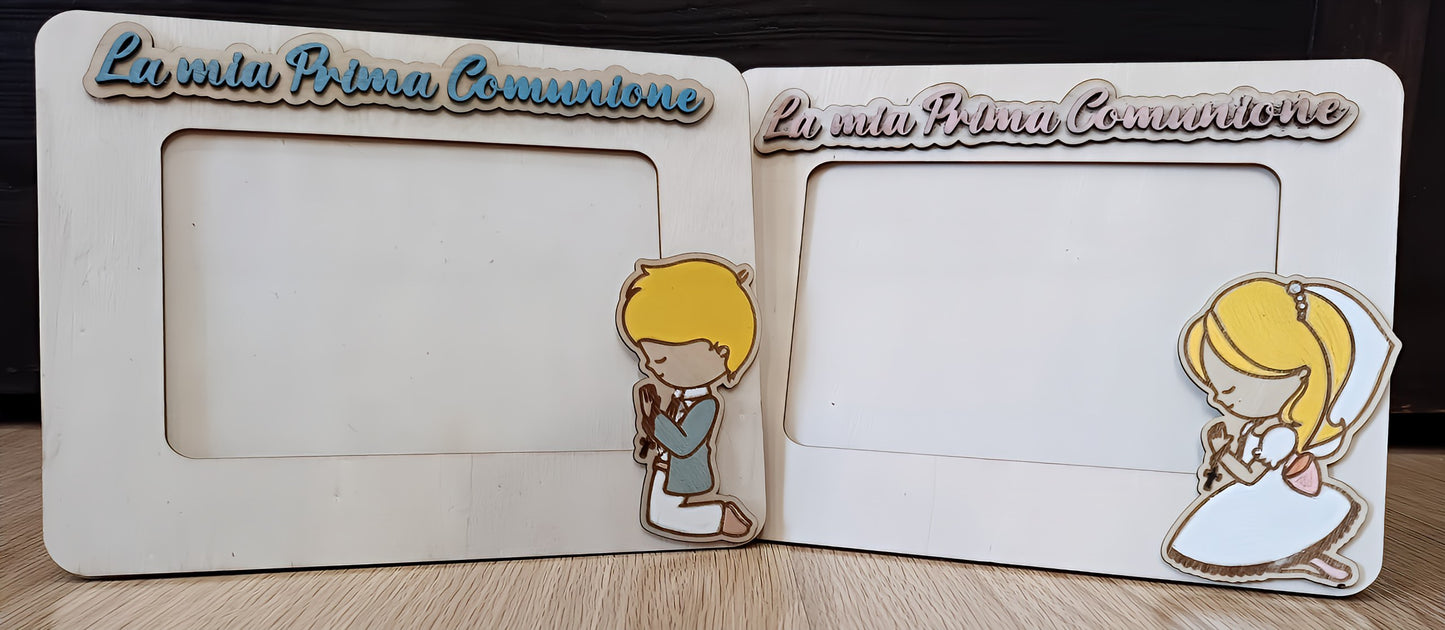 Wooden La mia Prima Comunione photo frames with praying boy and girl First Communion decor
