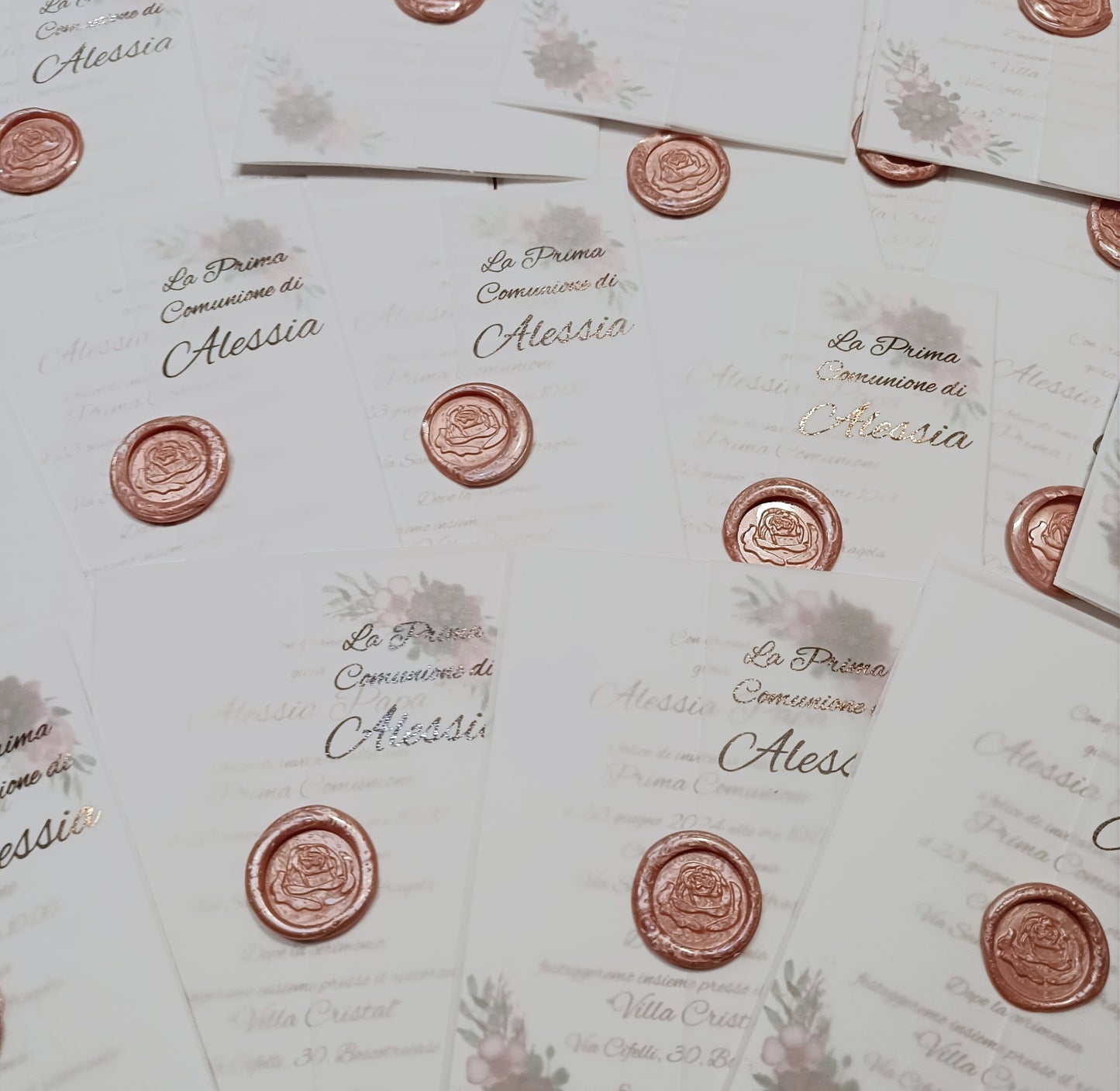 First communion invitations with pink wax seal and floral details, Italian text for Alessia