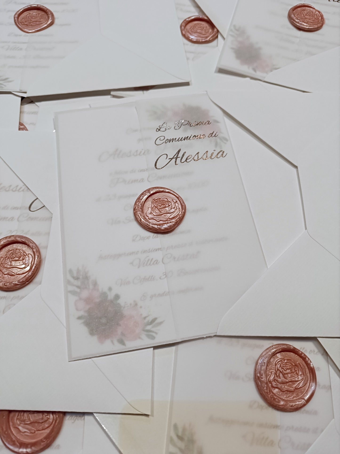 First communion invitations with floral design and bronze wax seals on white envelopes