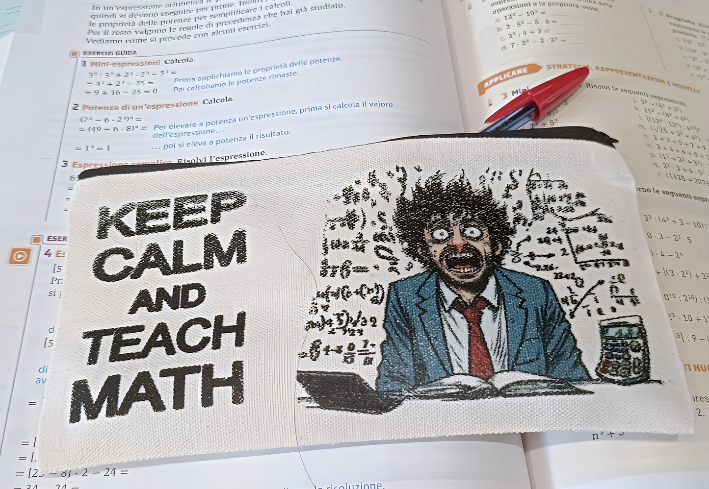 Pencil case with 'Keep Calm and Teach Math' text and cartoon teacher over math textbook