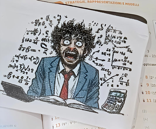 Cartoon of a stressed student with math formulas, calculator, and books; exam anxiety illustration.