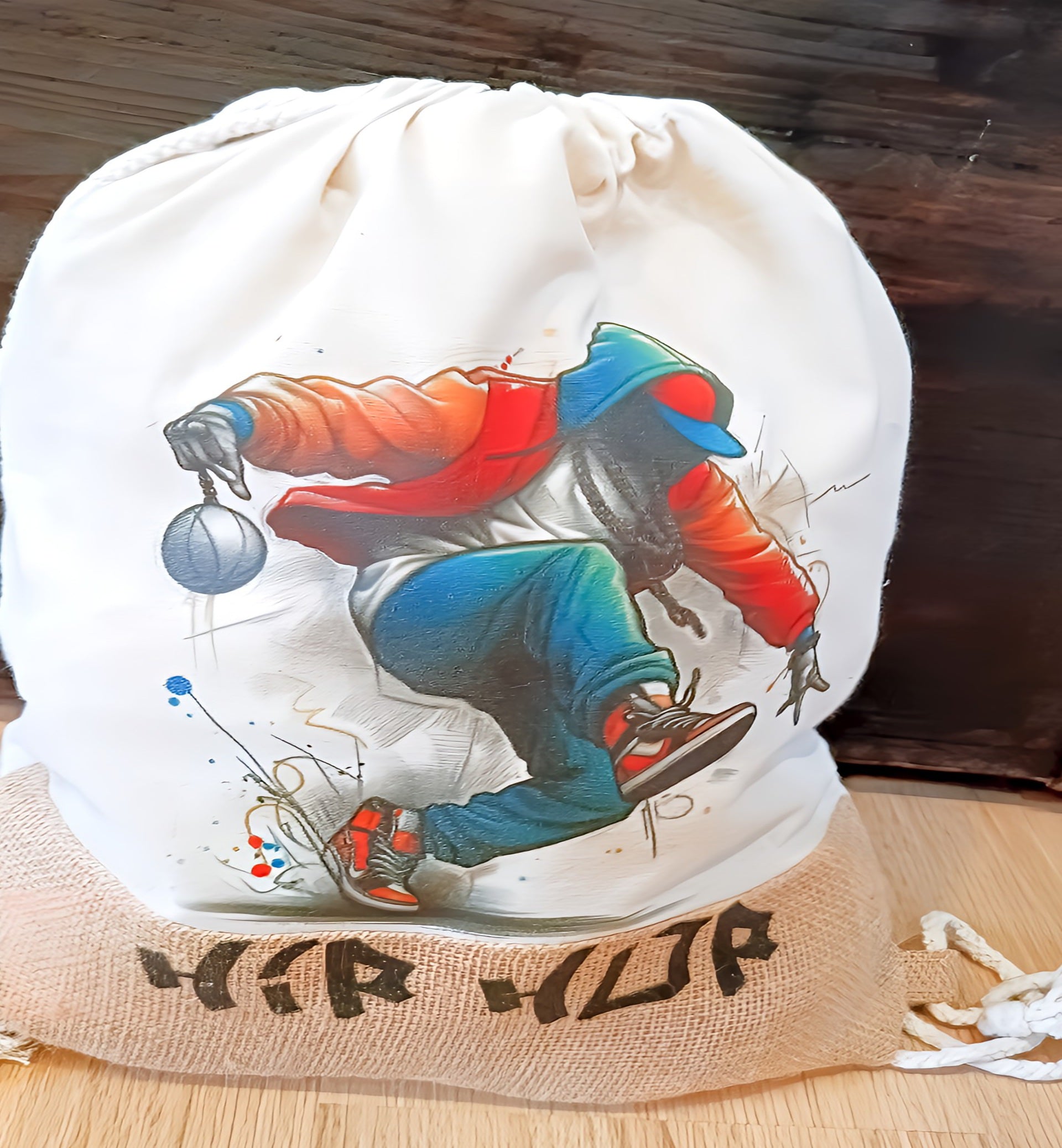 Drawstring bag with colorful hip hop dancer illustration and graffiti text on burlap base