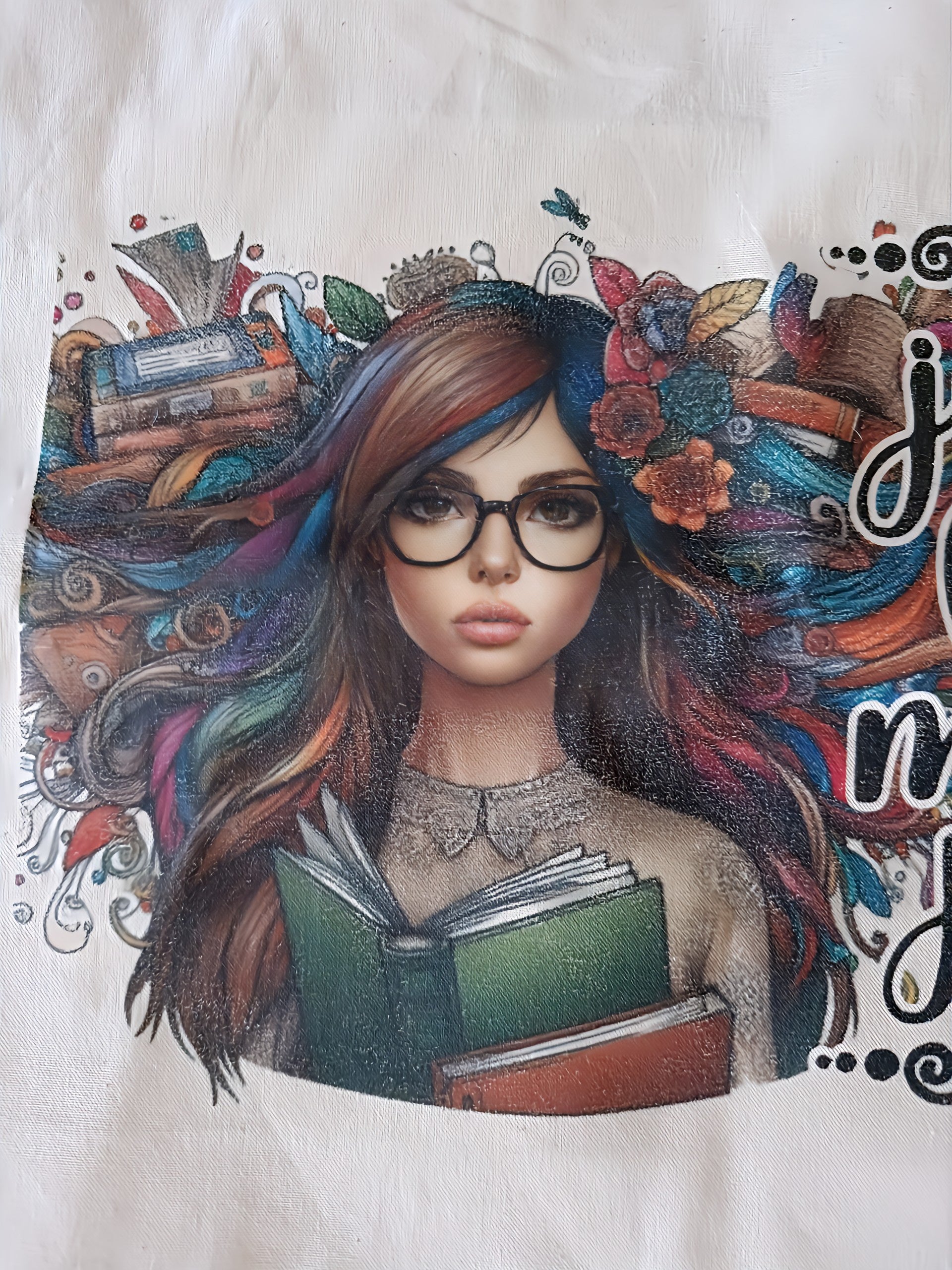 Illustration of a woman with glasses, colorful hair, and books, holding an open green book
