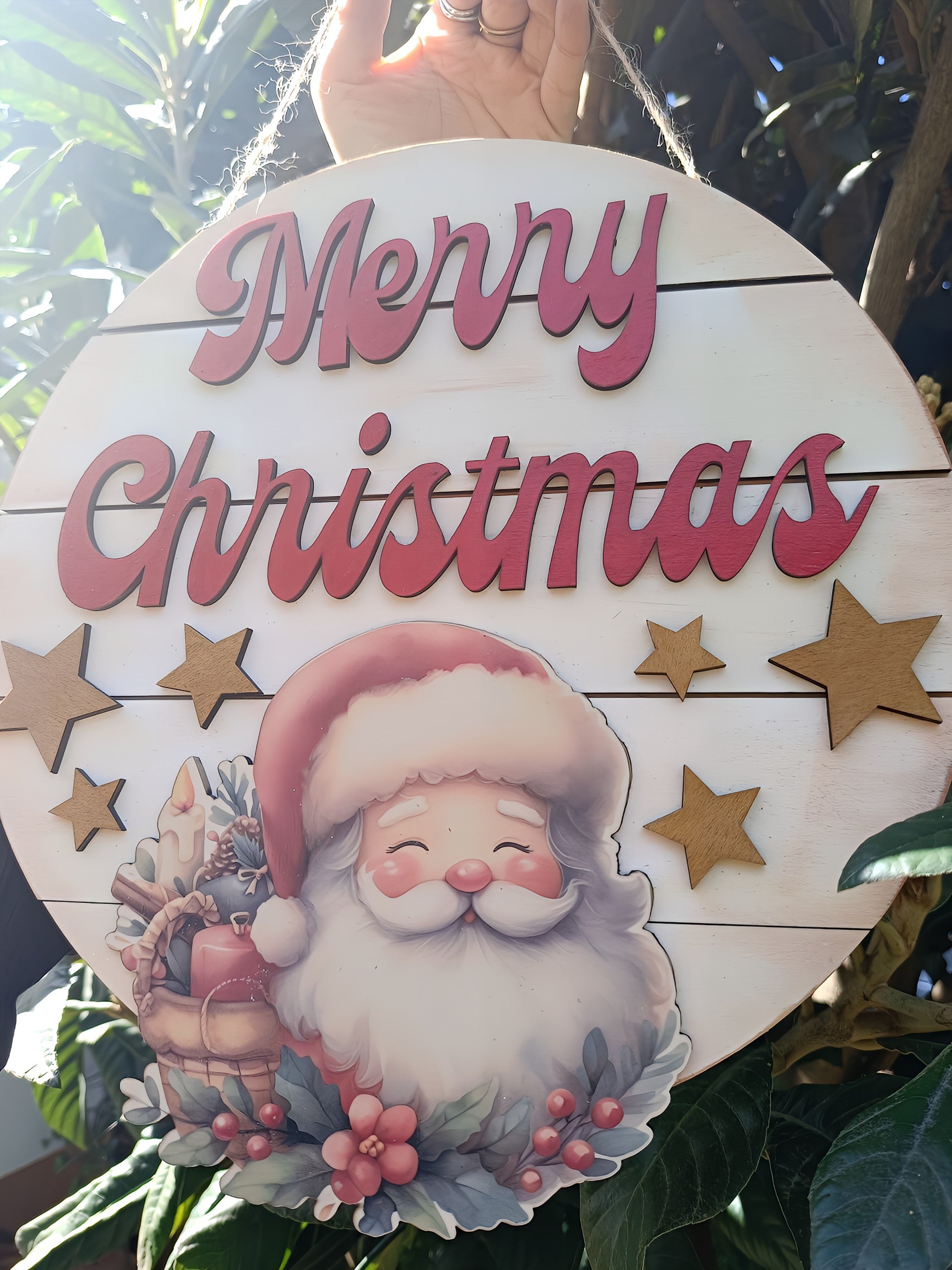 Merry Christmas sign with cartoon Santa and gold stars, outdoors with green leaves.