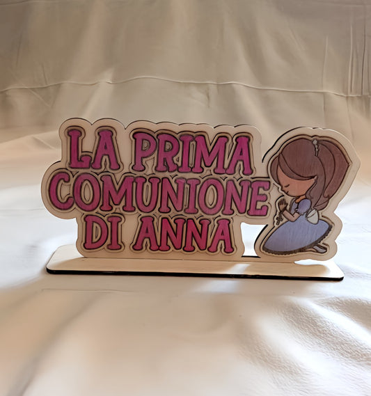 First Communion sign with Italian text and girl illustration, table decoration