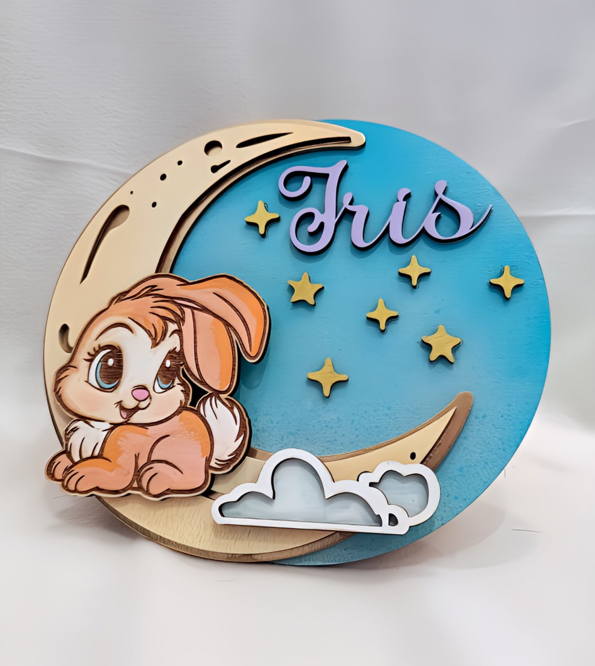 Personalized nursery sign with a cute bunny, crescent moon, stars, clouds, and the name Iris