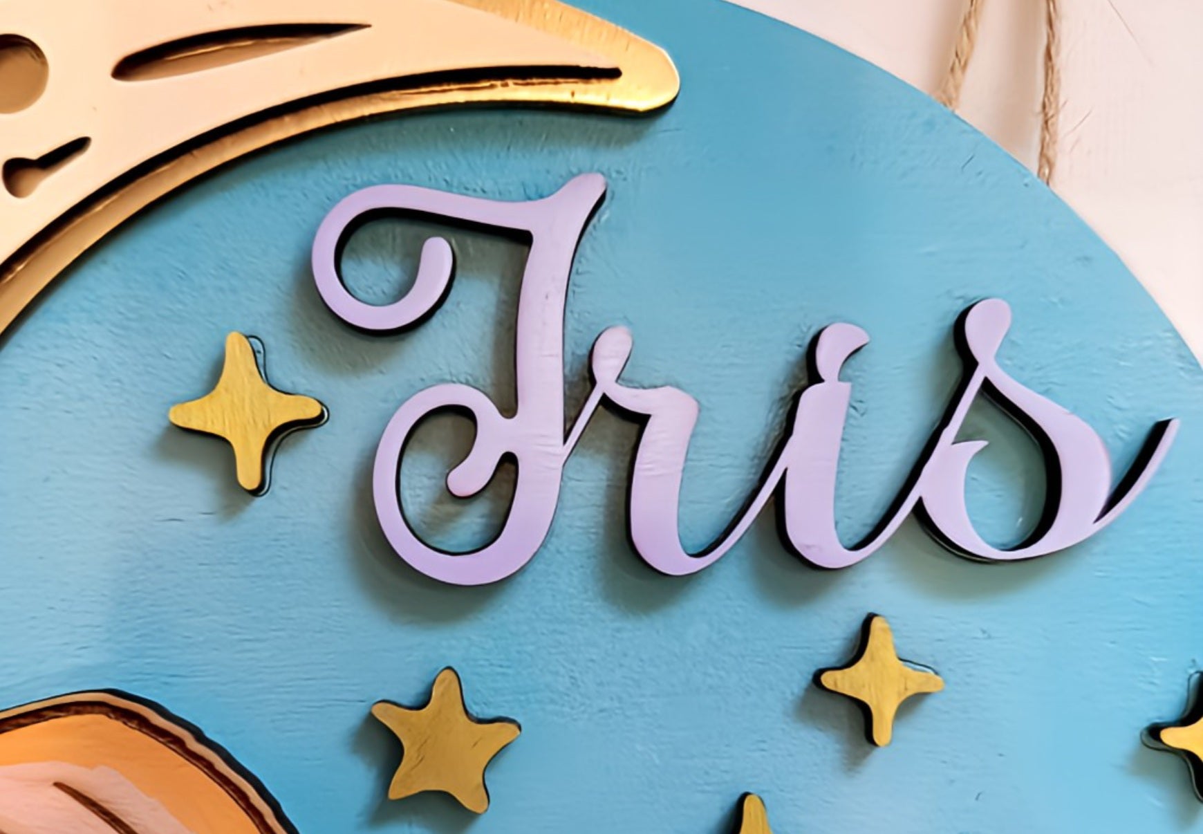 Personalized wooden name sign Iris with stars on blue background, nursery wall decor