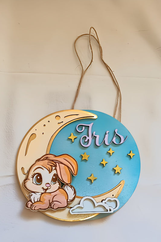 Cute bunny on crescent moon wooden nursery wall decor with stars, cloud and name Iris