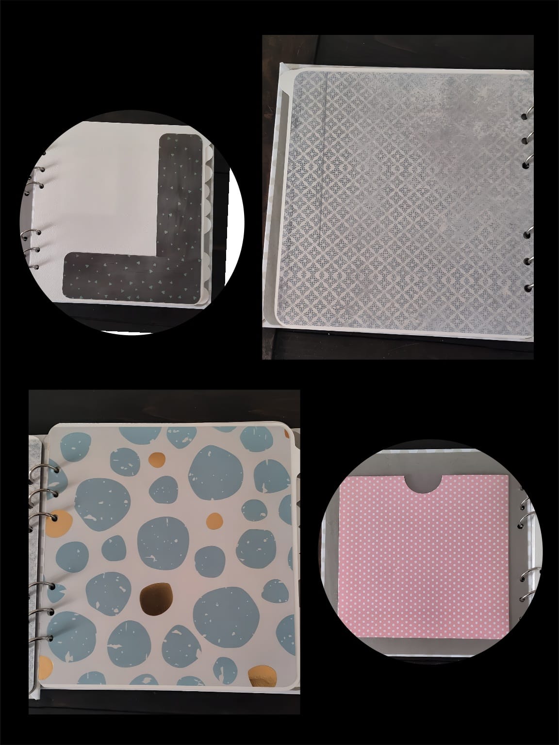 Scrapbook pages with patterned paper designs, polka dots, and envelope pockets.