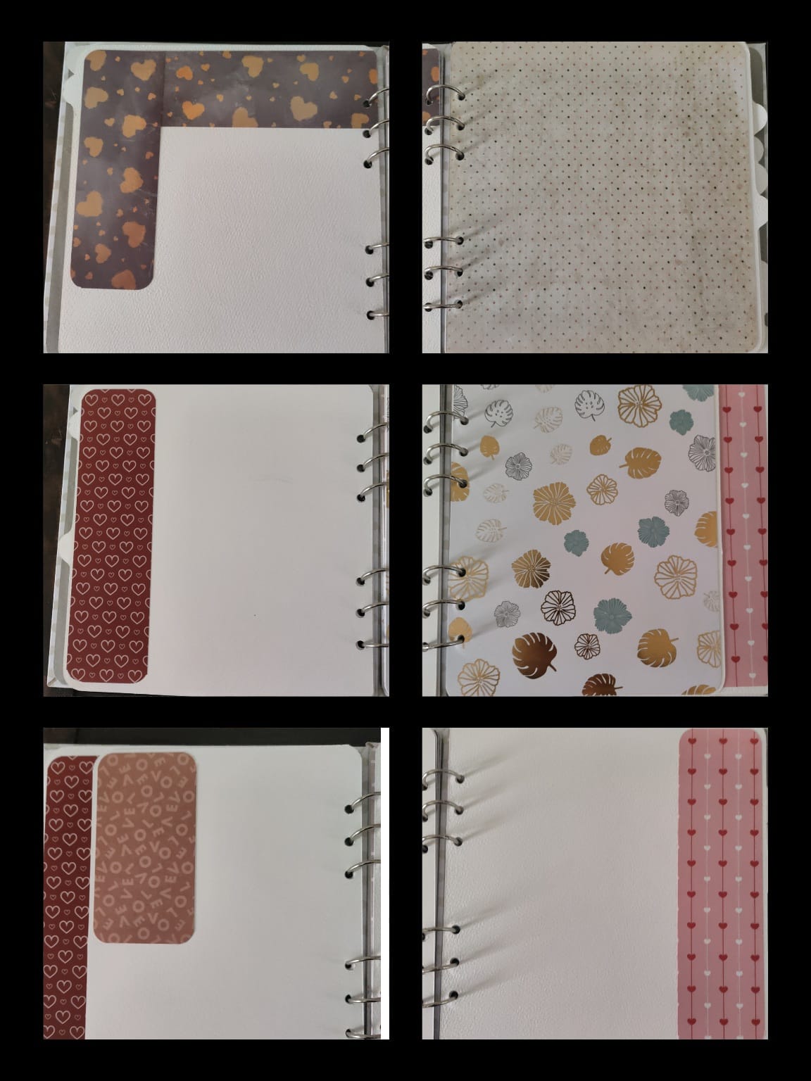 Set of six decorative planner dividers with heart and leaf patterns in neutral and gold tones