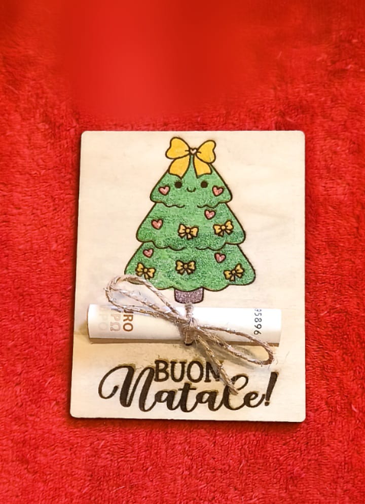 Albero Natale kawaii verde con cuoricini su porta soldi legno fatto a mano regalo personalizzato