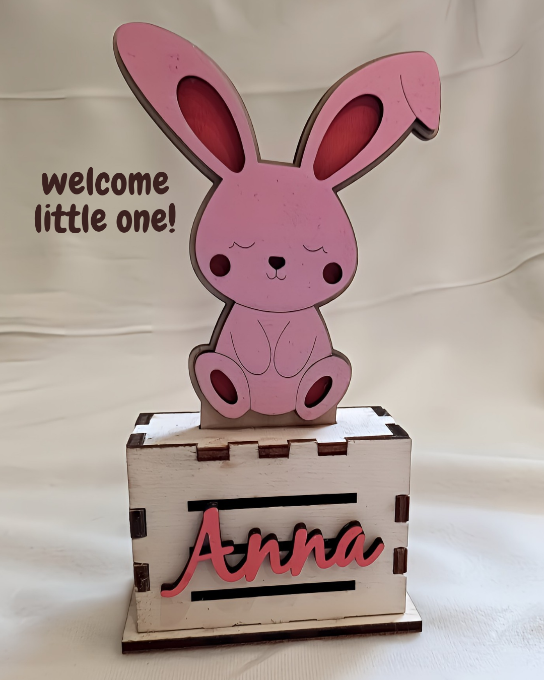 Pink wooden bunny decor with 'welcome little one!' and personalized 'Anna' name sign