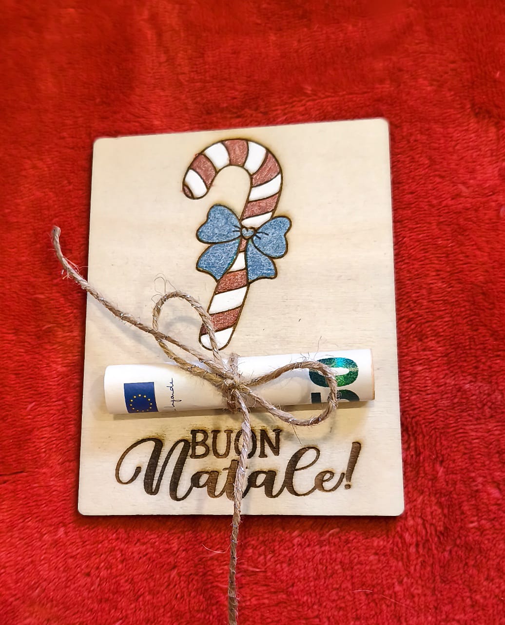 Porta denaro Natale con candy cane decorato dipinto su legno betulla e spago juta naturale