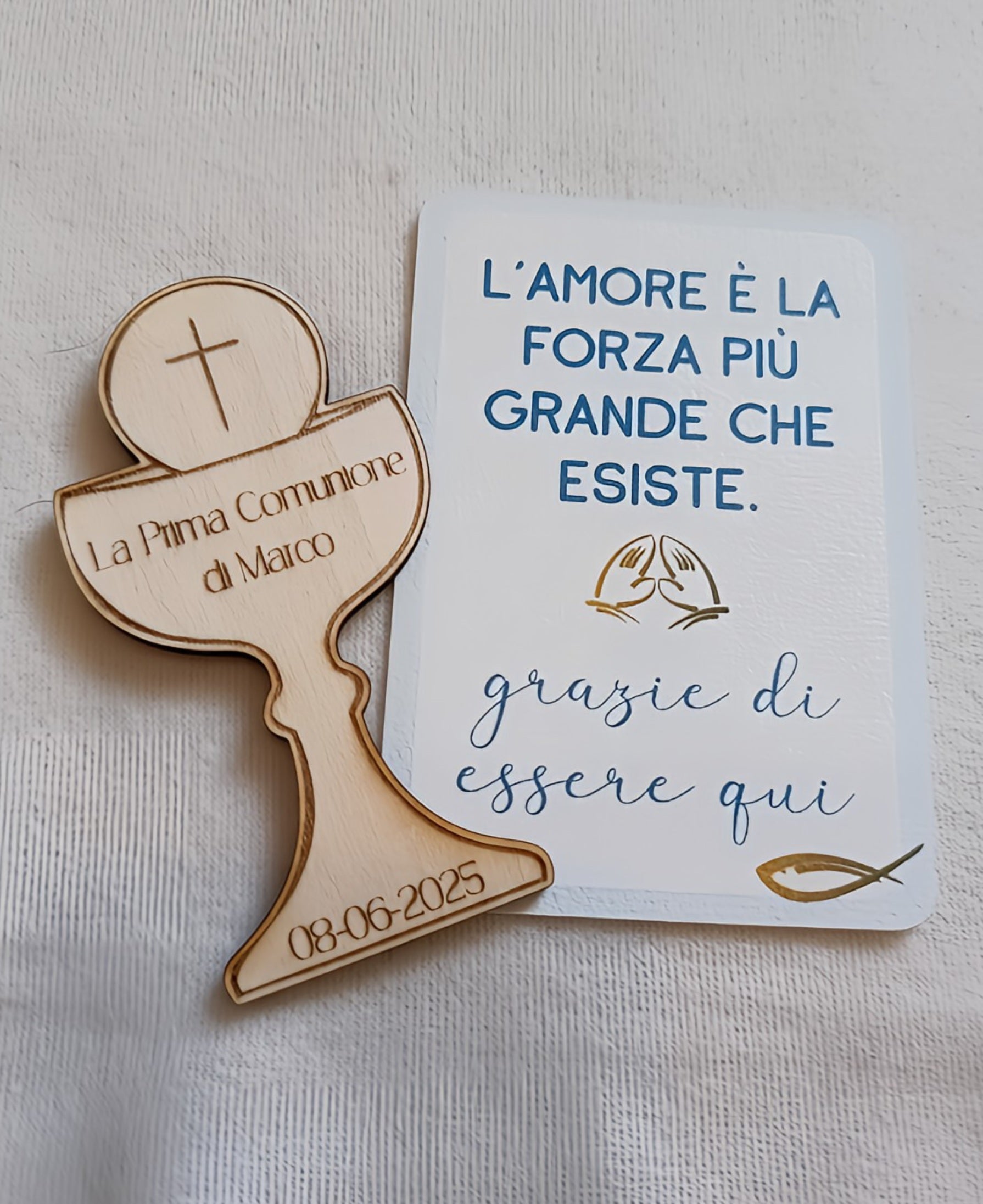 Italian First Communion wooden chalice keepsake and thank you card on white cloth