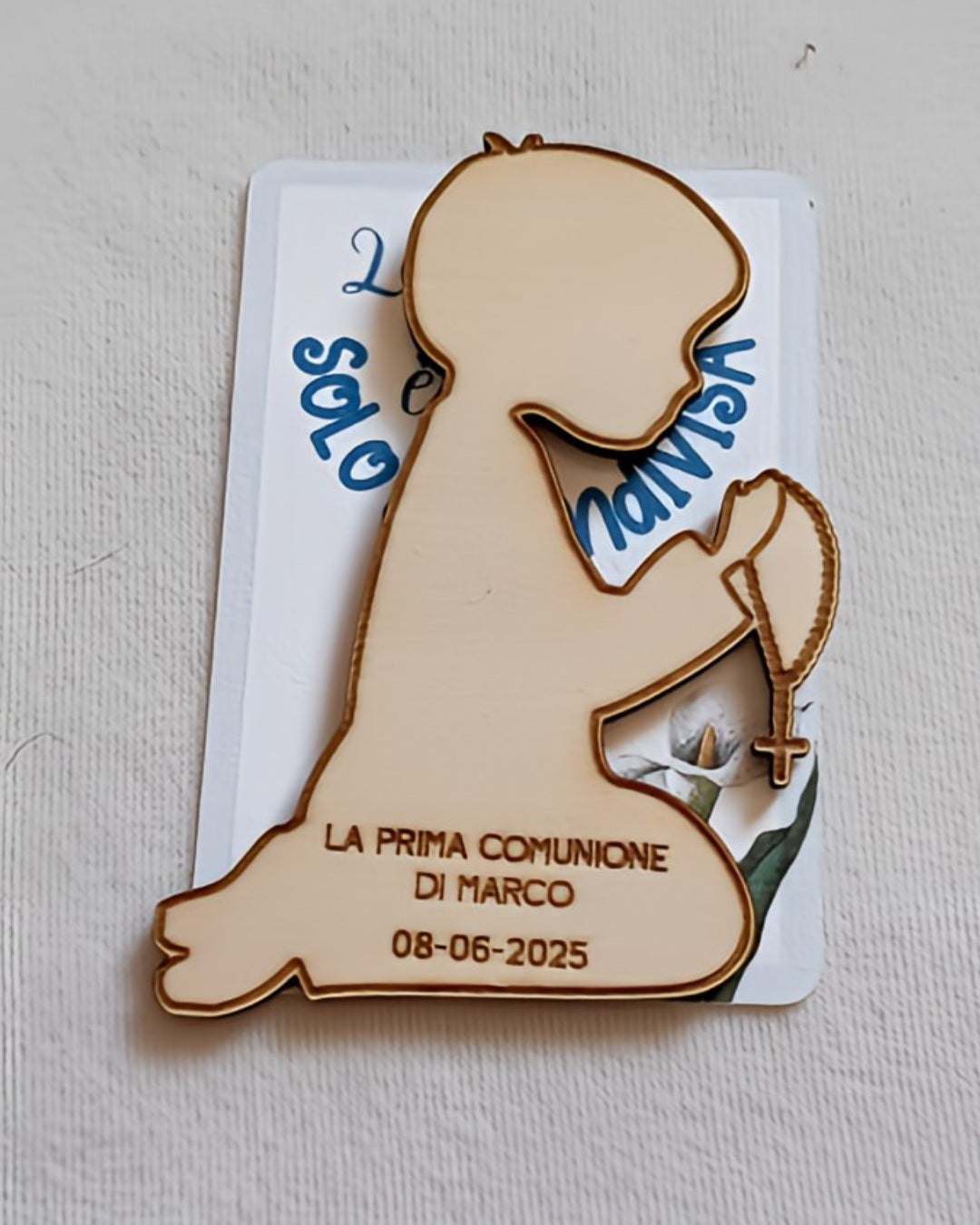 Wooden kneeling child holding rosary, First Communion keepsake for Marco, date 08-06-2025