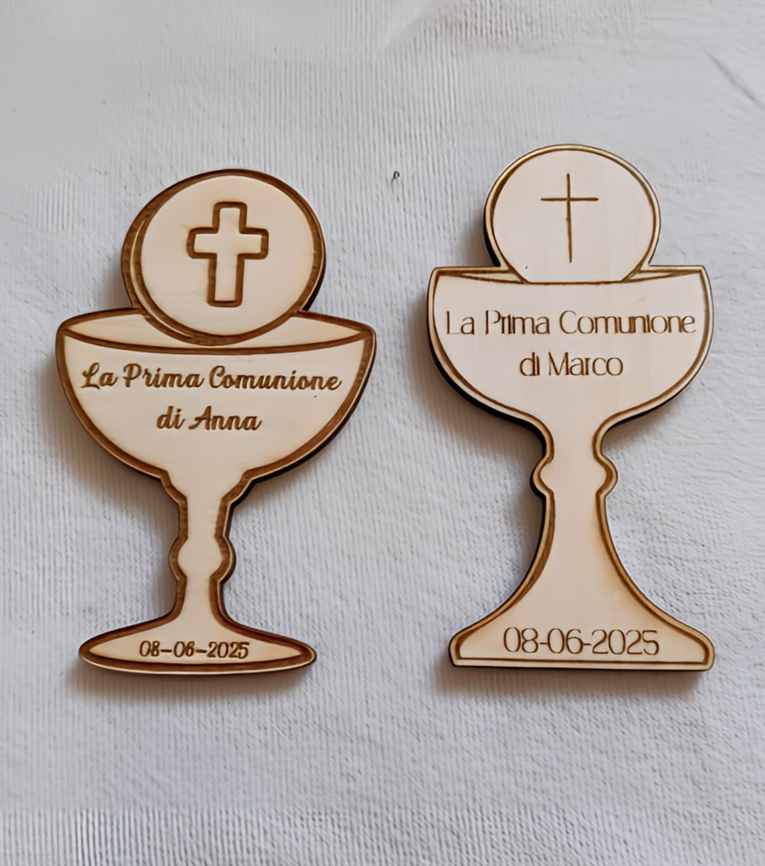 Two wooden first communion keepsakes with chalice designs, engraved text, date, and cross details