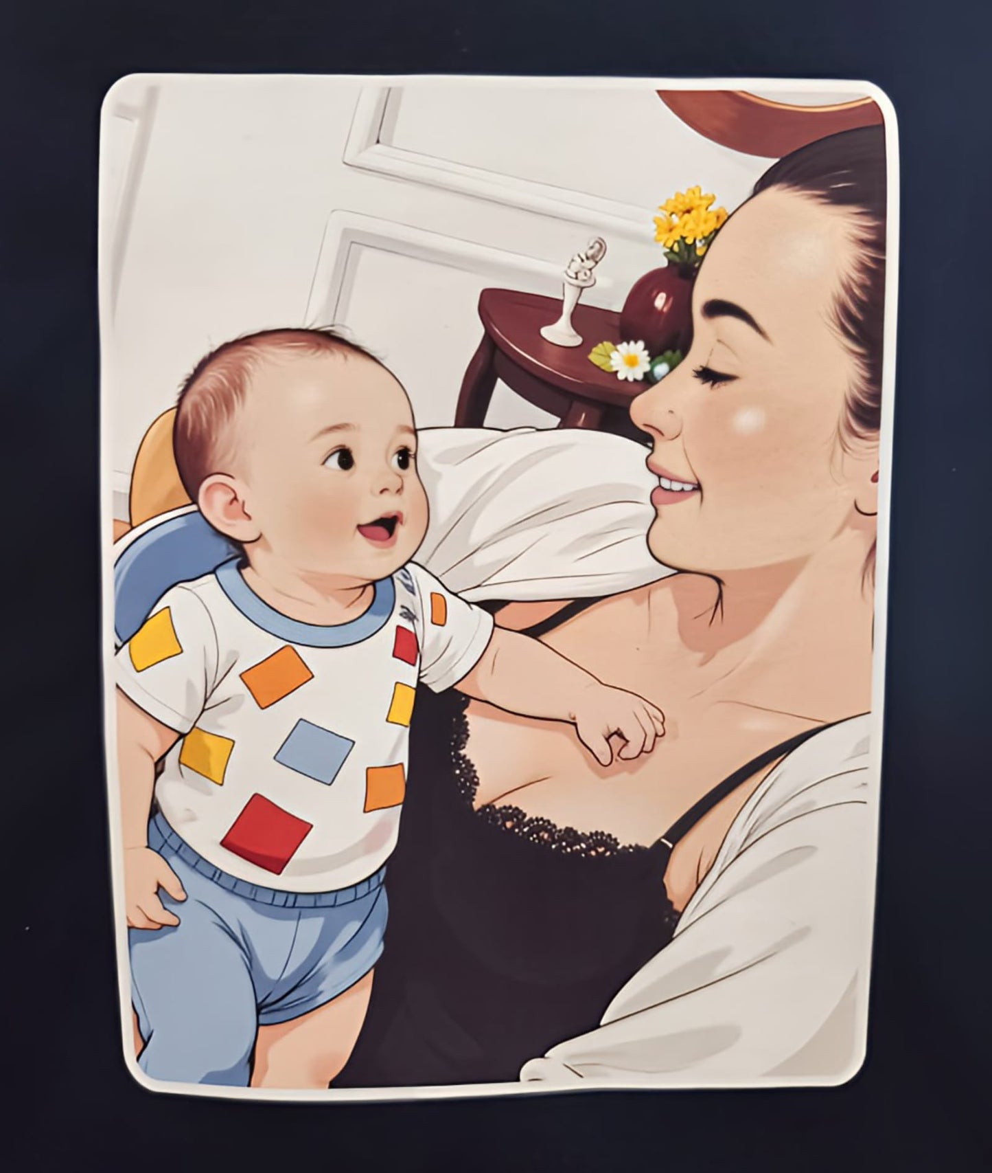 Smiling mother holding baby in colorful shirt, cozy home setting, family bonding