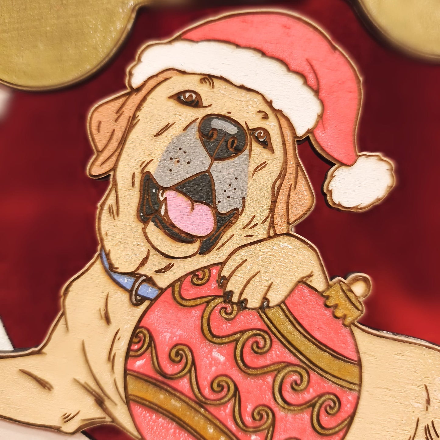 Cartoon dog in Santa hat holding red Christmas ornament on festive background