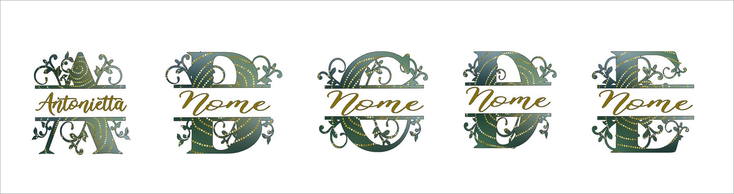 Decorative personalized monogram letters A-E with floral details and gold script names