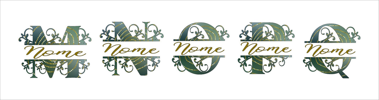 Ornate decorative letters M, N, O, P, Q with gold accents and script Name text on white background.