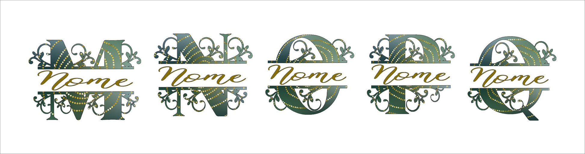 Ornate decorative letters M, N, O, P, Q with gold accents and script Name text on white background.