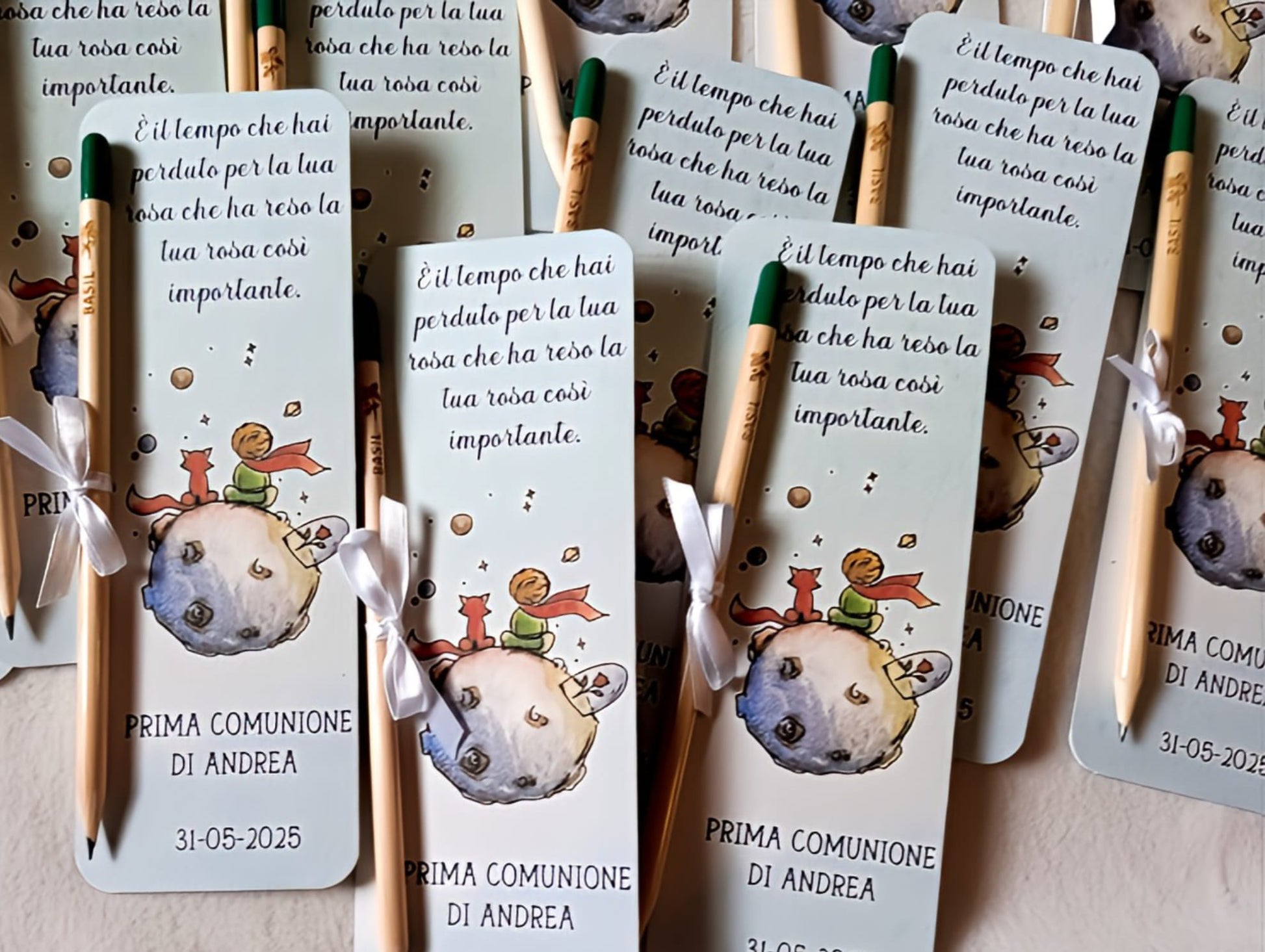 Prima Comunione bookmarks with The Little Prince illustration, Italian text, pencils, and white ribbons