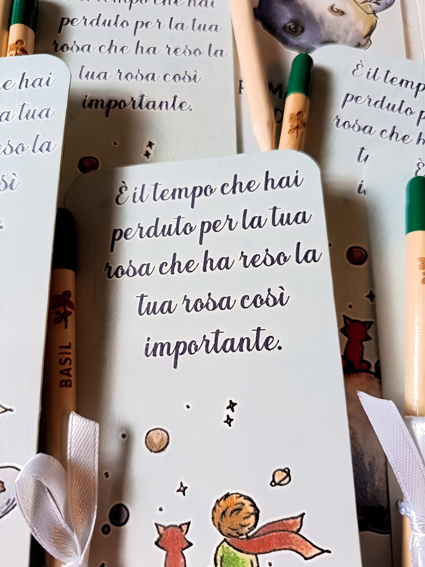 Italian bookmark with quote, green-tipped basil pencil, and Little Prince illustration