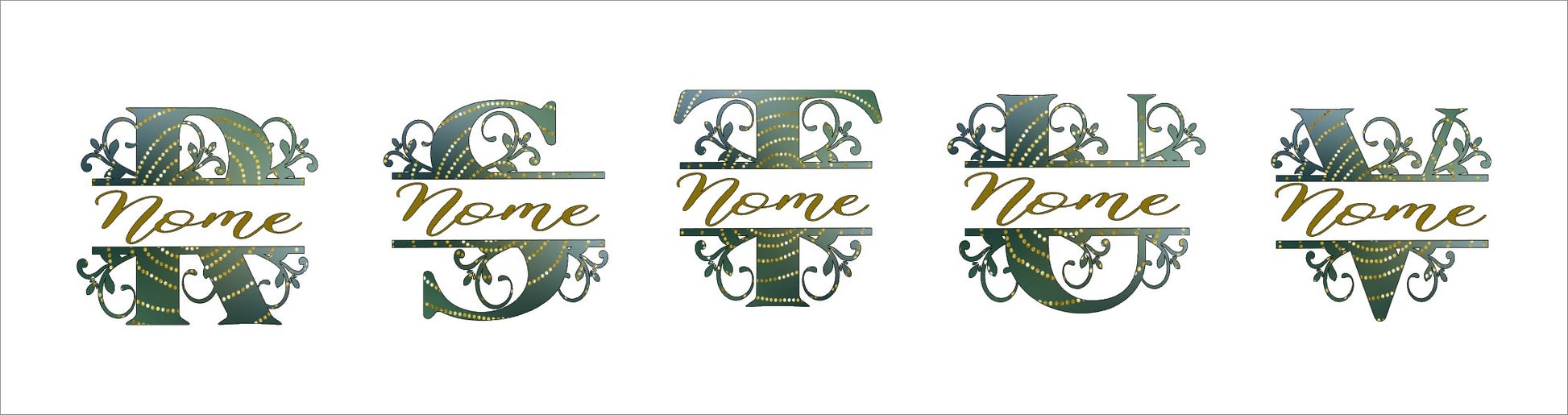 Ornate monogram letters R, S, F, J, V with gold accents and 'Nome' text on a white background
