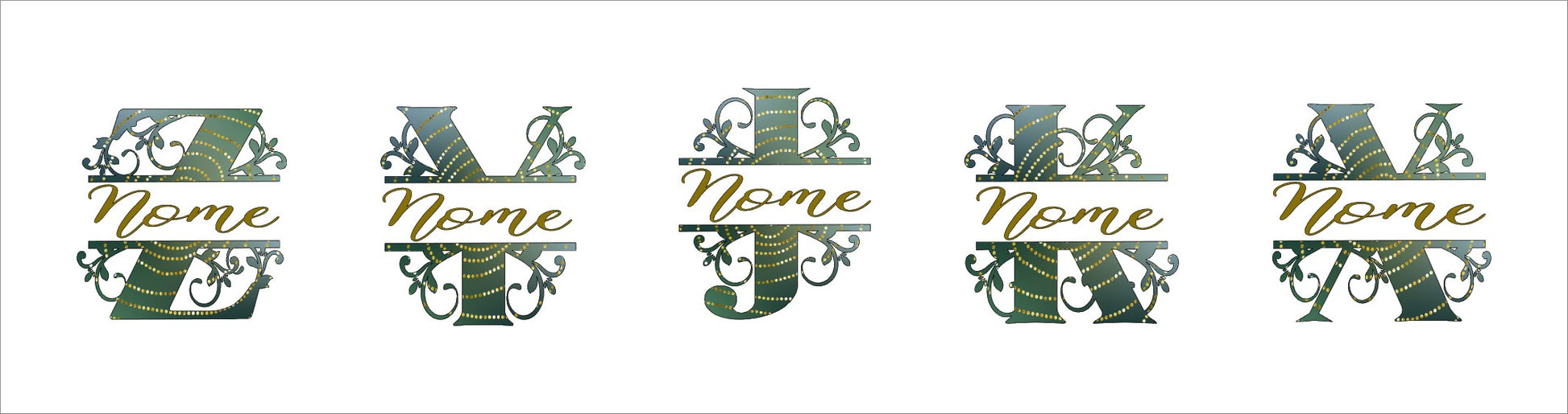 Decorative floral letters Z, Y, J, K, X with the word 'Nome' in gold script on white background